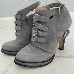 Matiko Gray Suede Booties with Silver Buckle Accents